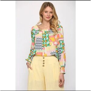 Anthropologie FATE Patchwork‎ Top Boho Blouse Size M  Mixed Media Art to Wear